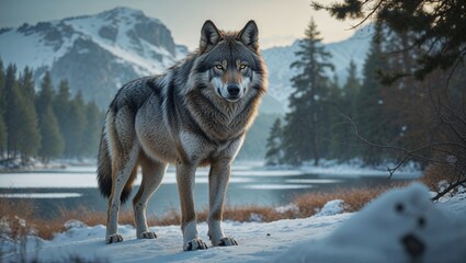 Fototapeta premium A majestic Canis lupus with a thick grey coat stands proudly in a natural landscape, showcasing its powerful presence and regal beauty in a breathtaking scene of wilderness