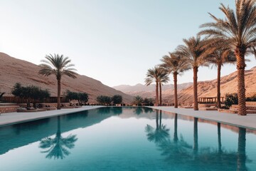 Naklejka premium Relaxing oasis at sunset surrounded by lush palms and serene mountains in a tranquil desert landscape. Generative AI