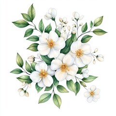 Obraz premium A beautiful arrangement of white flowers and green leaves, showcasing the elegance and delicacy of nature.