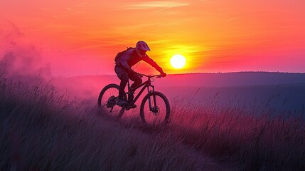 Obraz premium Mountain biker silhouetted against a vibrant sunset landscape