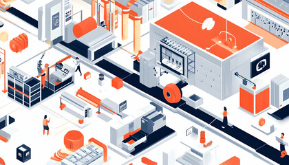 Obraz premium Smart Factory Innovation, showcasing IoT devices seamlessly integrated into production lines, optimizing efficiency, monitoring systems, and enhancing overall manufacturing processes.