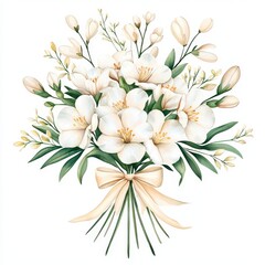 A beautiful bouquet of white flowers elegantly arranged with delicate green leaves, perfect for any occasion.
