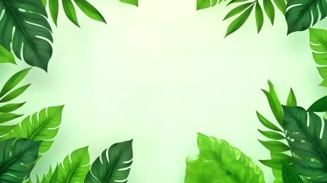 Spring illustration with tropical leaves background. Vector minimalist illustration. Empty copy space in the center, gentle pleasant tones