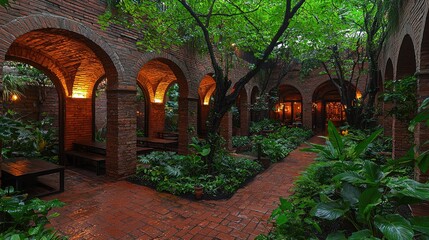 "Classic Venetian Walled Garden with Cottage, Statues, Mediterranean Foliage, Arches, Columns, and Timeless Elegance"

