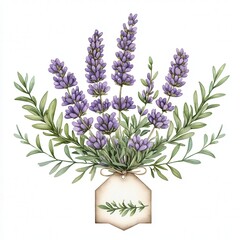 Naklejka premium A beautiful illustration of lavender flowers, showcasing vibrant purple blooms and lush green leaves, perfect for aromatic decor.
