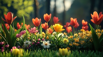 Vibrant spring garden with colorful tulips and daisies in bloom