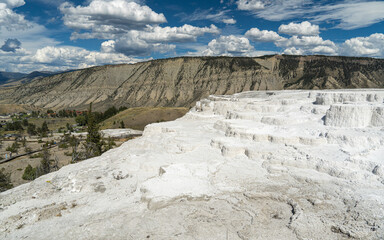 Travertine rocks from the Main Terrace overlook in the Mammoth Hot Springs area of Yellowstone National Park