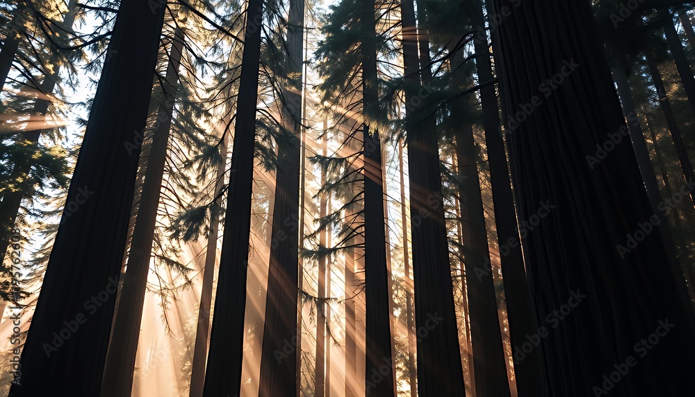 Poster Sunbeams filtering through towering redwood trees in a majestic forest, creating a serene and magical atmosphere ideal for greeting cards or other design projects.