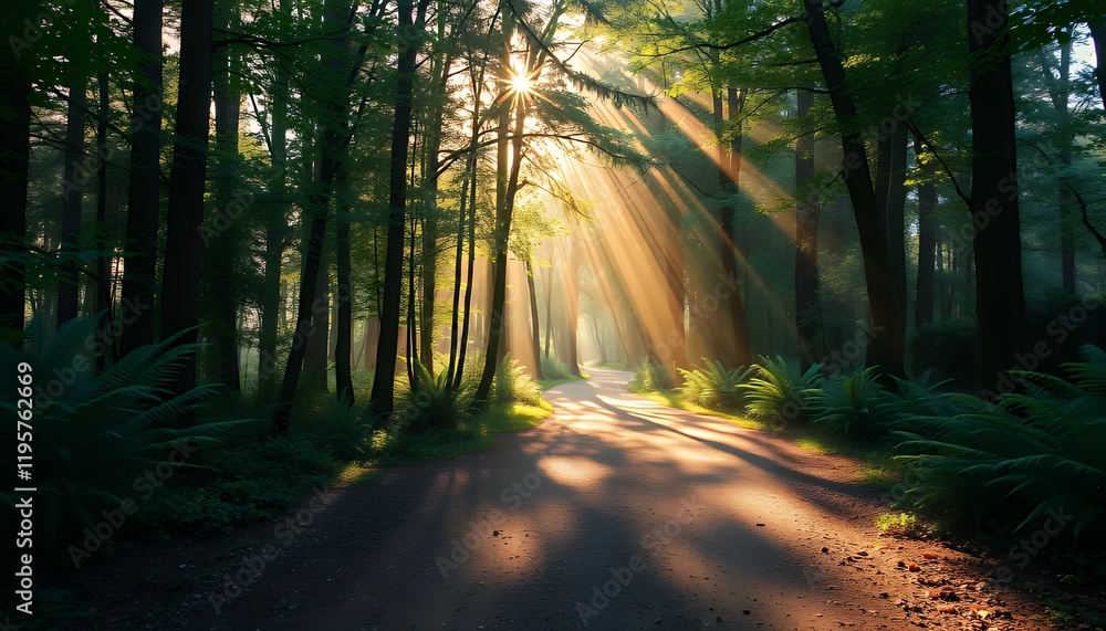 Poster sunbeams illuminate a serene forest path, creating a magical atmosphere. perfect for greeting cards,