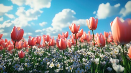 Vibrant tulip field under blue sky with fluffy clouds
