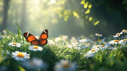Monarch butterfly resting on daisies in sunlit meadow