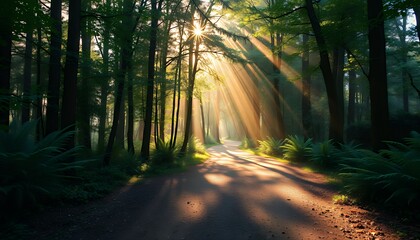 Fototapeta premium Sunbeams Illuminate a Serene Forest Path, Creating a Magical Atmosphere. Perfect for Greeting Cards, with Ample Copy Space for Personalized Messages. The image is rich with detail, showcasing dappled