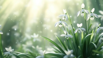 Sunlit snowdrops in blooming spring meadow with soft rays