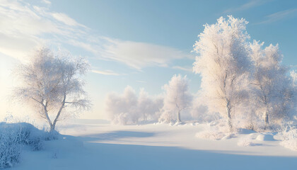 Snow-covered trees in a serene winter landscape scene