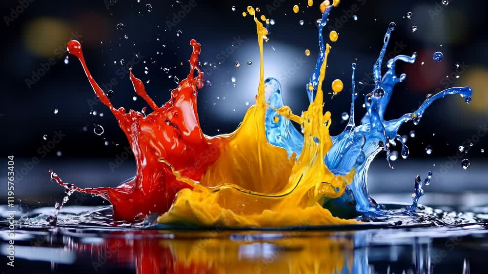 Poster colorful splashes arise from the surface of still water during nighttime, creating dynamic patterns 