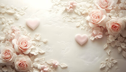 Soft, delicate pink & beige romantic three-dimensional background with hearts & roses; romanticism, historical romance novel book cover concept