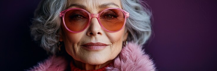 A stylish elderly lady with white hair, pink sunglasses, and a magenta leather jacket stands out on a purple backdrop. Horizontal design for Women's Day