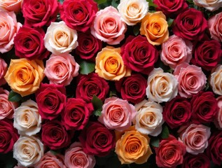 Naklejka premium Natural fresh wallpaper with a pattern of roses of different colors. Top view. Holiday concept, Valentine's Day, Birthday, Mothers day