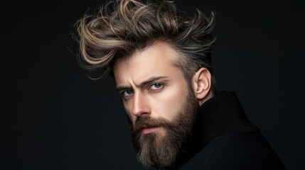 Obraz premium A man with a beard and a shaved head is standing in front of a black background