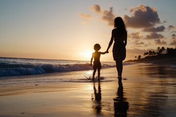 A woman and a child are walking on the beach at sunset