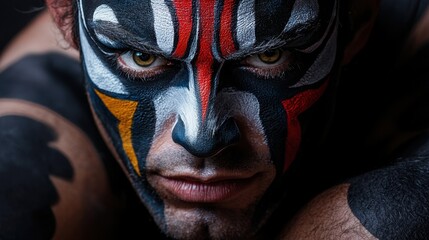 A man with face paint on his face with a black and red design