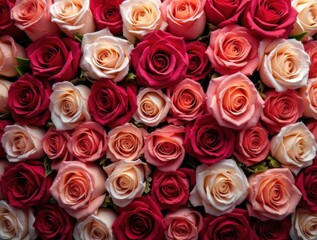 Naklejka premium Natural fresh wallpaper with a pattern of roses of different colors. Top view. Holiday concept, Valentine's Day, Birthday, Mothers day