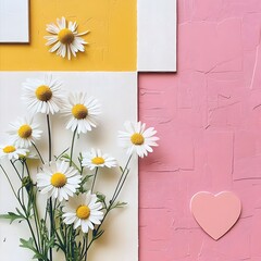 Fresh spring flowers, daisies on a pastel pink and white collage background.