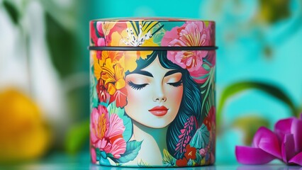 Tin box packaging design, floral and botanical elements, colorful hair accessories with a woman's face painted on the lid of the tin can, flowers decorated in a floral style