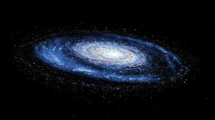 Spiral galaxy in deep space with bright center and twinkling stars