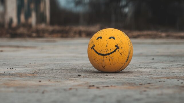 Worn yellow ball with a smiley face on a grunge ground.