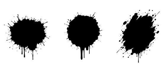 Set of three Isolated black paint splatter on transparent background with empty space for text