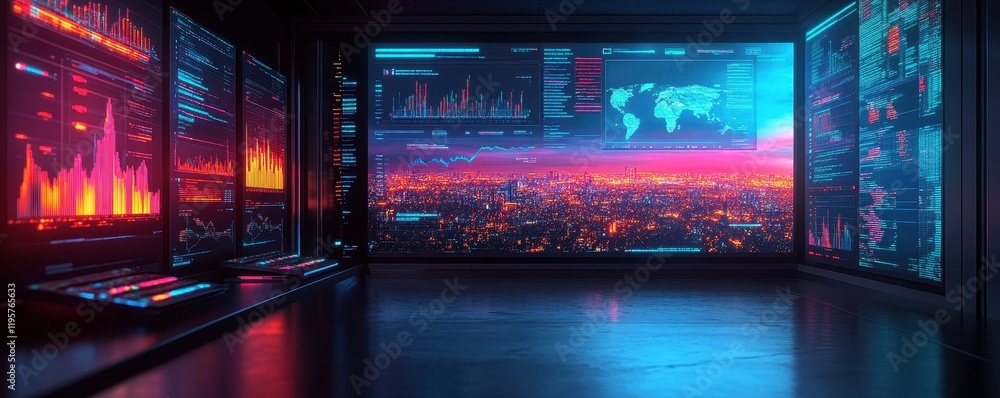 Poster futuristic data center with digital screens displaying cityscape and analytics