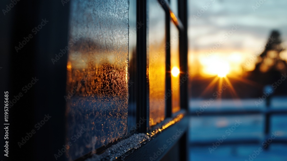 Poster a window with frost on it and a sun shining through it