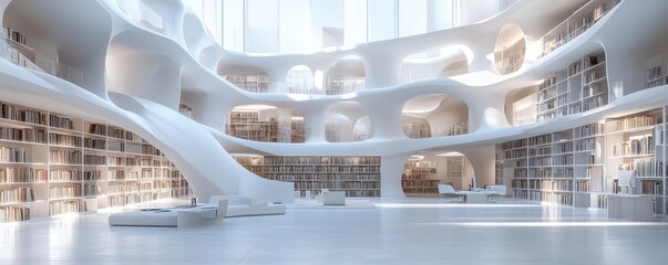 Obraz premium Futuristic library architecture with curved shelves and natural light