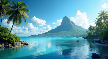 Tropical Paradise Beckons. Escape to a secluded island with pristine turquoise waters and lush greenery.