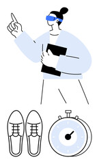 Person wearing a VR headset holding a book, pointing upward. Stopwatch illustrates urgency, and shoes suggest progress. Ideal for tech, training, productivity, design, education focus abstract line