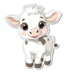 Adorable calf cartoon, white background, farm animal, child's illustration, sticker