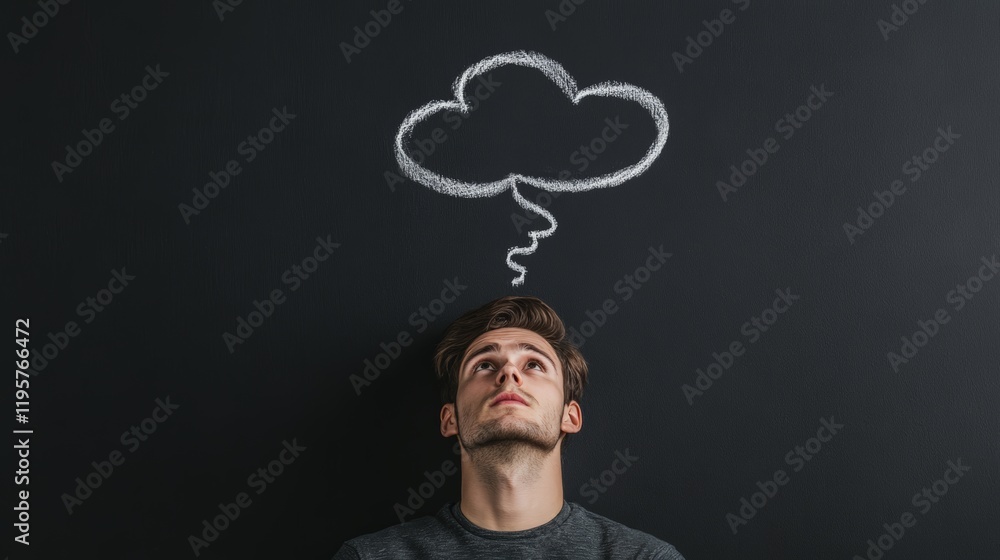 Poster pensive young man gazing up at a chalk speech bubble sketched on a blackboard, representing deep thi
