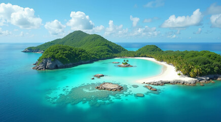 Fototapeta premium Tropical paradise island with white sand beach and turquoise water. Aerial view of a stunning island in the ocean.
