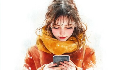 正面に立ち携帯を操作する女性の水彩イラスト
