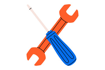 Hand drawn cute cartoon illustration of wrench and screwdriver instrument. Spanner and turn-screw. Flat vector repair tool doodle. Support service hardware icon. Settings or fix problem. Isolated.
