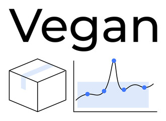 Word Vegan, cube, and chart with blue points and line curve highlight key themes of sustainability and data-driven decisions. Ideal for veganism, minimalism, health, data analysis, eco-friendly