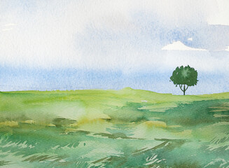 Landscape with fence and sky watercolor painting. Hand painted nature portrait artwork.