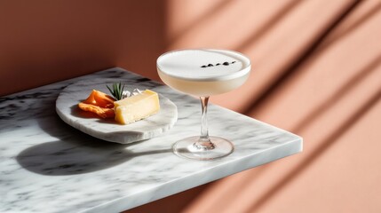 Delicious cosmopolitan cocktail served with mini cheese on a stylish marble table in a cozy setting