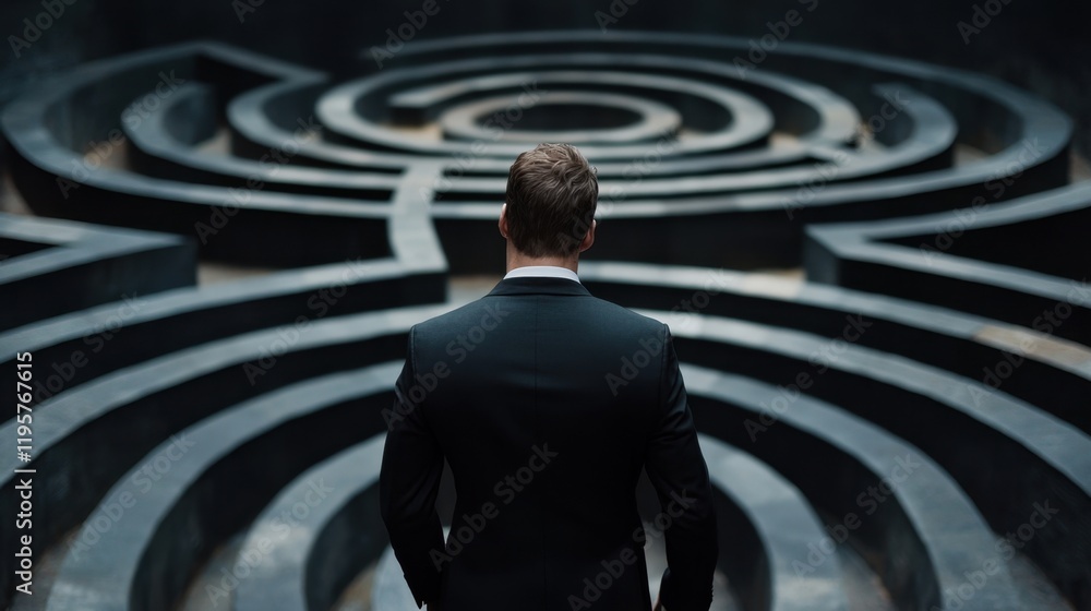 Poster a man in a suit stands in front of a large circular maze