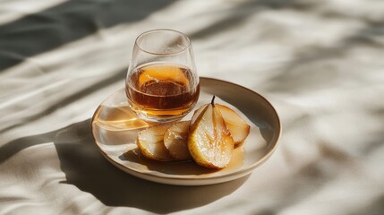 Savoring the rich blend of cognac and baked pears drizzled in a sunlit setting with soft shadows casting a warm ambiance