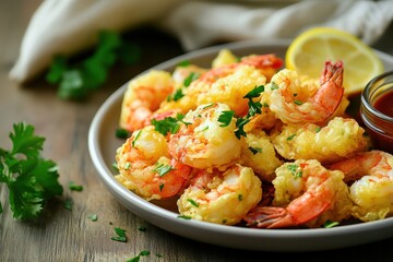 A plate of freshly fried crispy shrimp tempura garnished with chopped parsley and served with lemon slices and dipping sauce