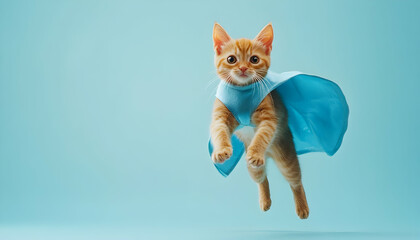 Fototapeta premium superhero cat, Cute orange tabby kitty with a blue cloak and mask jumping and flying on light blue background with copy space. The concept of a superhero, super cat, leader, funny animal studio shot