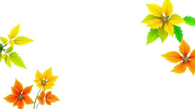 Vibrant Autumn Leaves Design Element Black Background Floral Illustration Nature Botanical Orange Yellow Green Gradient Colors Artistic Nature Painting Digital Art Print Graphic Design Template fall  