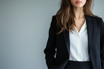 Professional woman in business attire poses confidently against a gray backdrop